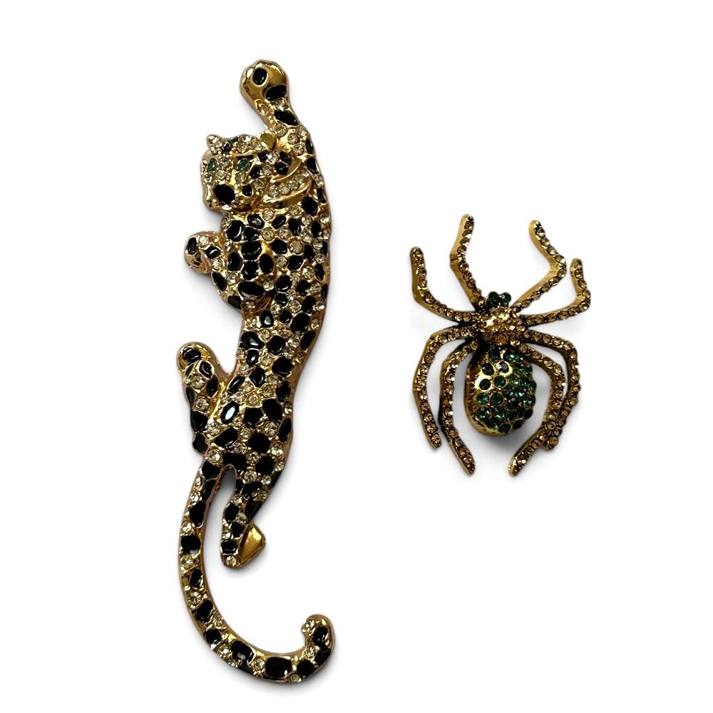 Panther and Spider Brooches, Crystals on Goldtone. NWOT